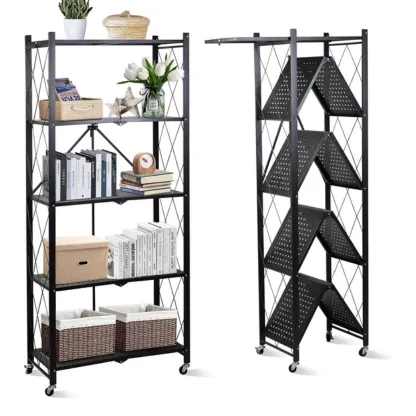 5-Tier Foldable Metal Storage Rack with Wheels | Multipurpose Shelving Unit Black & White