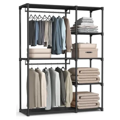 Freestanding Garment Rack with Fabric Shelves & Double Hanging Rods | Black