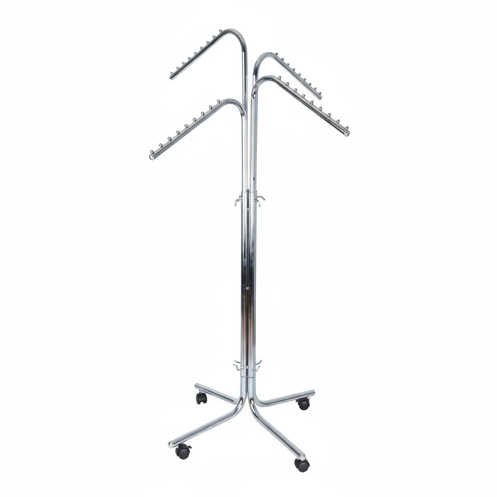 4-Way Garment Rack Chrome | Adjustable Retail Clothes Display Stand