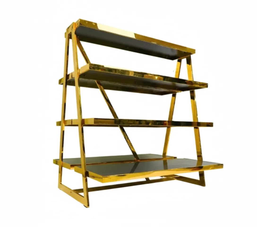 4-Tier Display Stand | Stainless Steel | Gold Frame with Wood Shelves