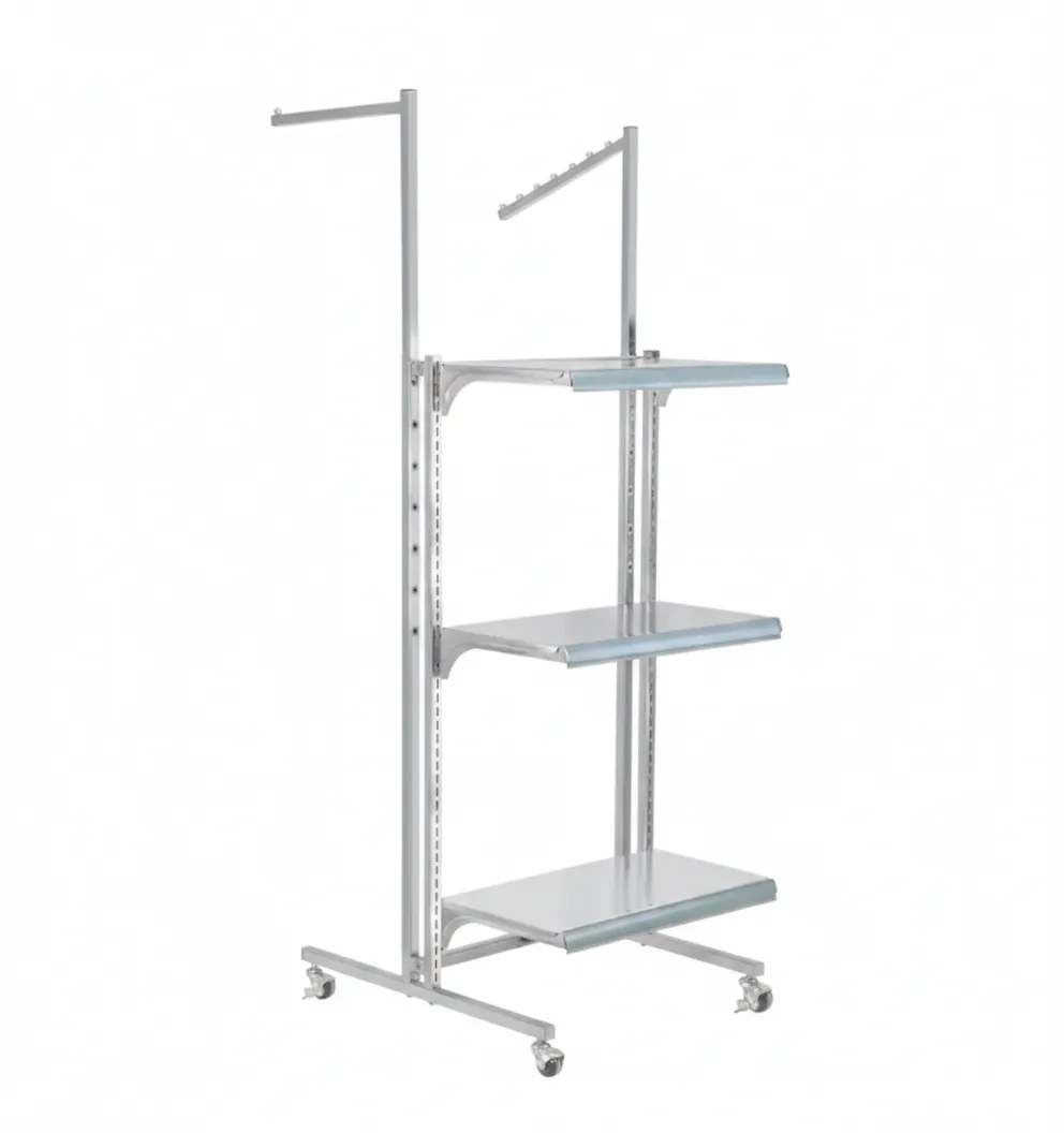 Display Stand, 3 Shelves, 2 Arms, Adjustable, Metal, Chrome Plated, with Wheels