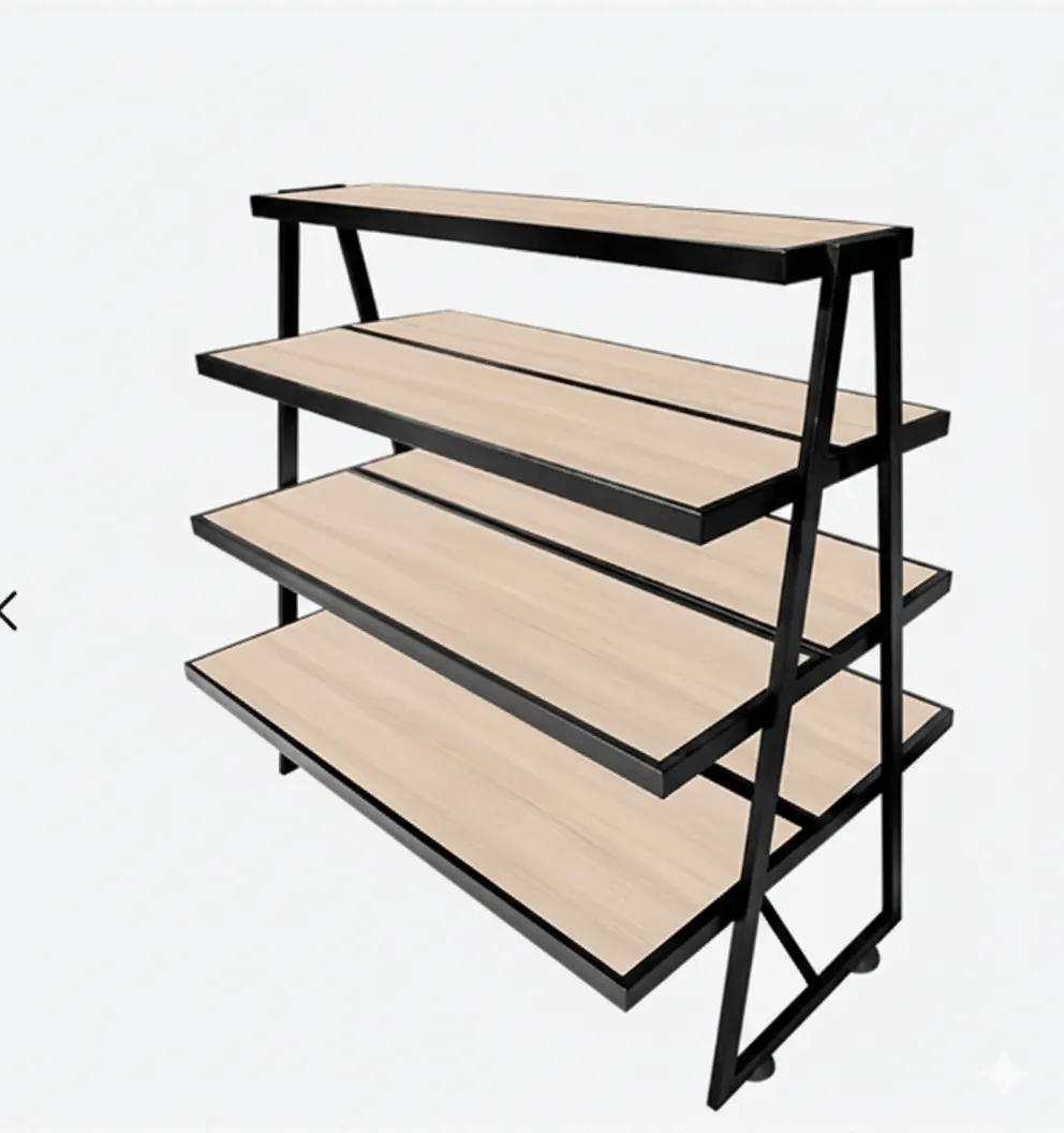 Display Stand, 4-Tier, Metal Frame with Wood Shelves