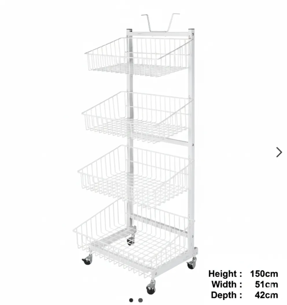 Metal Display Stand, 4-Tier with Wire Baskets, and Wheels
