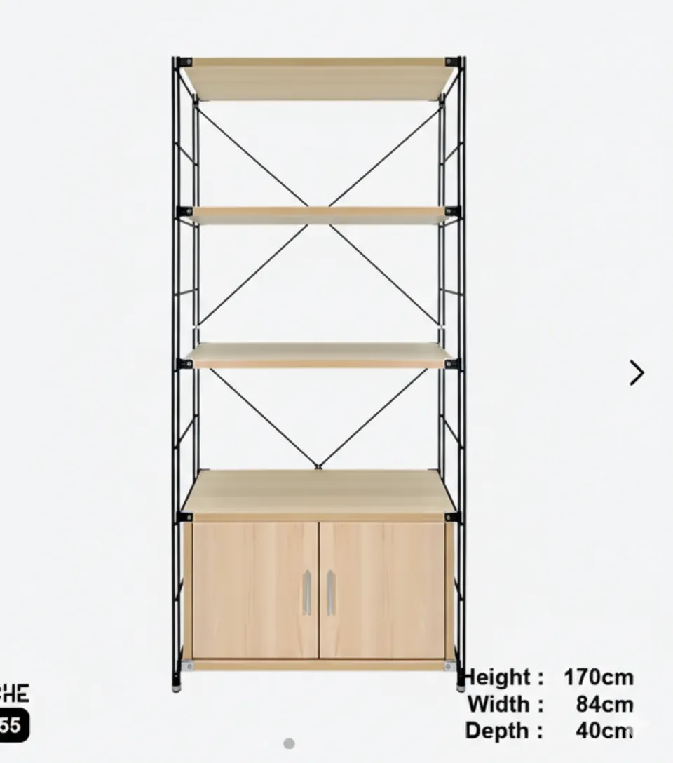 4-Tier Metal Shelving Unit with Wooden Cabinet & Shelves – 170cm x 84cm x 40cm