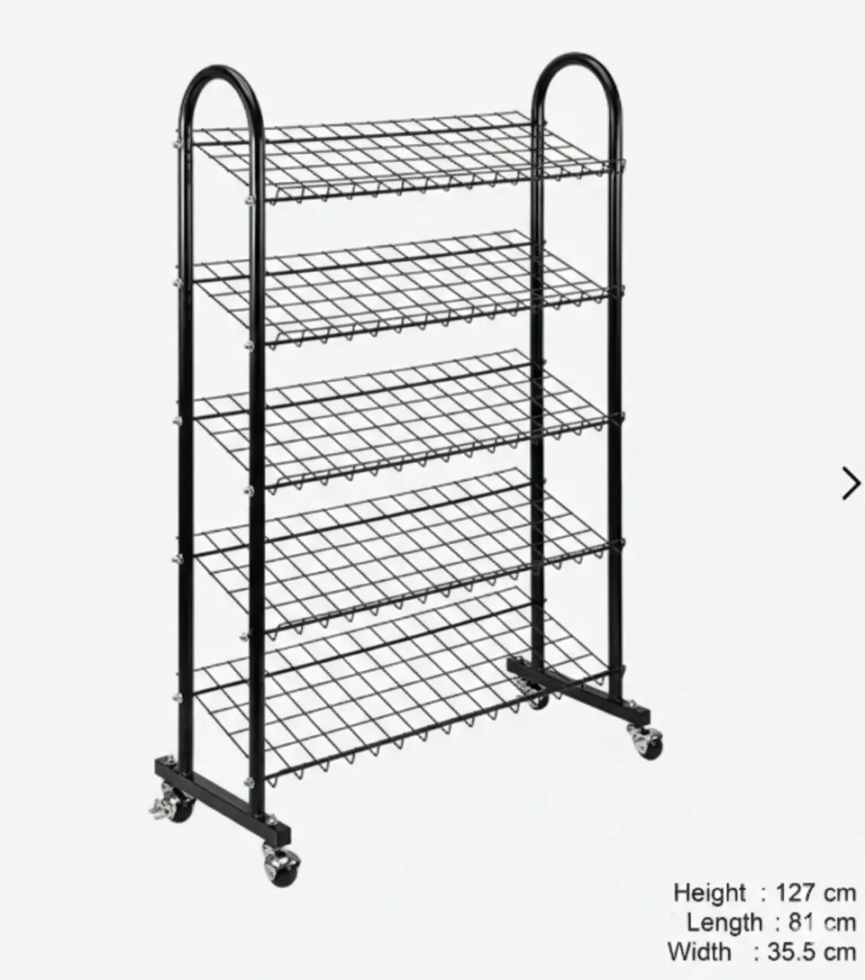 5-Tier Metal Shoe Organizer Stand | Black Grid Shelving (127cm Height)