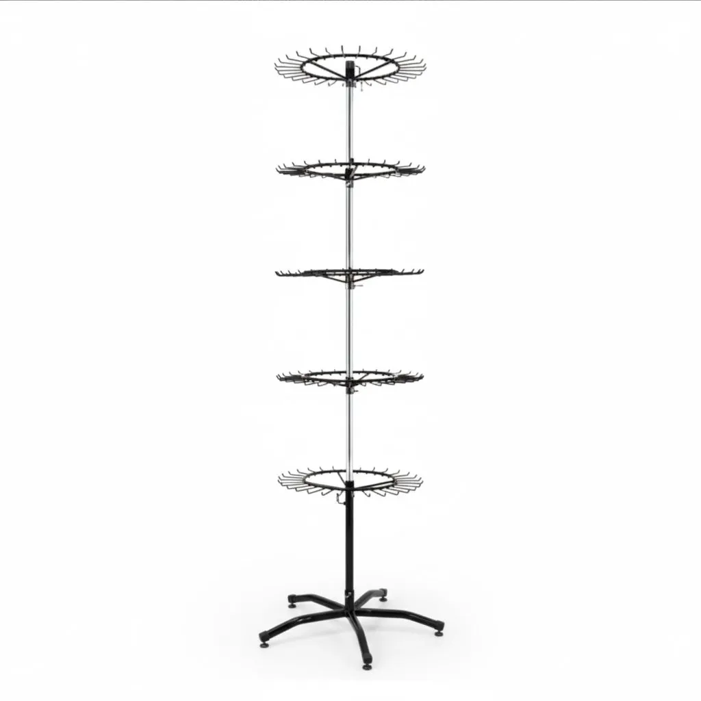 5-Tier Rotating Spinner Display Rack | Adjustable Hook Floor Stand (Chrome & Black)