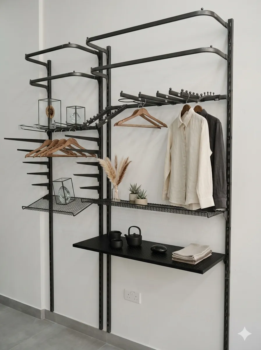 Wall-Mounted Wardrobe Organizer | Modular Closet System with Wire Shelving & Garment Rail | Matte Black